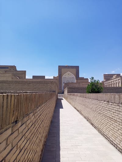 In Shar-Bakr, Uzbekistan, a sun-drenched pathway of light-colored bricks stretches towards a grand, ornate entrance of an ancient structure. The pathway is flanked by weathered brick walls, casting long shadows that create a stark contrast with the bright, cloudless blue sky. The architecture appears to be a complex of historical buildings, possibly a madrasah or a necropolis, characterized by its intricate tile work and the repetition of arched windows and niches along its facades. A lone green tree stands amidst the brickwork, adding a touch of natural color to the scene. The overall impression is one of timeless grandeur and serene emptiness, with no individuals present in the frame.