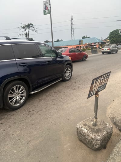 A blue SUV parks on a street beside a "no parking" sign, with a red car nearby. In the background, a building with the word "Diabond" is visible, along with power lines. The street surface appears to be concrete, and a large rock sits next to the sign. The vehicles are parked parallel to the street, and other cars can be seen further down the road.