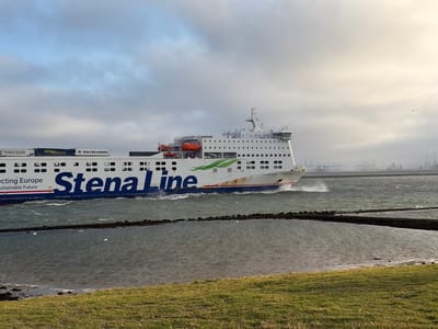A large, white Stena Line ferry, identified by its blue lettering and green wave-like logo, sails through choppy, gray water on a cloudy day. The ferry, likely en route to or from the Port of Hook of Holland, Netherlands, displays several lifeboats and a prominent bridge structure. On its deck, cargo containers are visible, along with trucks bearing the markings "THOMAS BOERS," "LKW WALTER," and "WOLTER KOOPS." The foreground shows a grassy embankment leading to calm water where several white birds, possibly egrets, are standing. In the background, a hazy industrial landscape with cranes suggests a port environment. The overall scene depicts maritime activity under overcast skies.