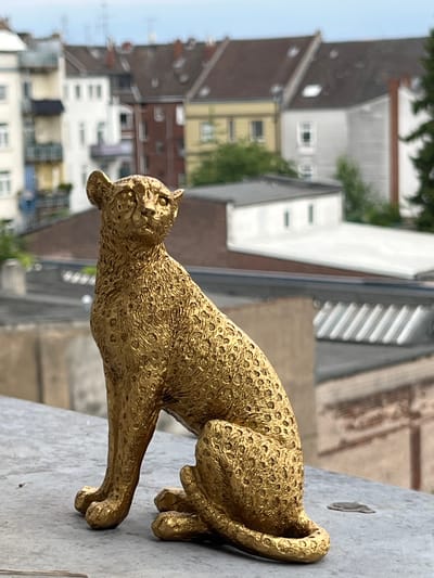 This is a close-up, outdoor, eye-level, vertical, low-angle shot of a small, golden statue of a cheetah. The statue is positioned on a grey, textured surface, possibly a stone ledge or windowsill, in the foreground. The cheetah statue is depicted in a stalking or resting pose, with its body elongated and its head turned to the left. It is textured with numerous small, raised dots, mimicking a cheetah's spots. The statue has a slightly aged or weathered appearance, with some areas appearing darker than others.
In the background, out of focus, is a cityscape. The buildings are of varying heights and architectural styles, with some appearing to be apartment buildings or older structures with visible window frames and balconies. The colors of the buildings range from light grey and white to yellow and dark brown. The sky is visible above the buildings and appears to be overcast or hazy, suggesting it might be daytime with diffused sunlight. The overall scene suggests an urban environment, likely a residential area.
There are no people visible in the image. The activity is static, focusing on the solitary statue. Notable details include the detailed texture of the cheetah statue and the blurred but recognizable urban backdrop. There are no visible text elements in the image. The location context provided is Neuss, Germany.