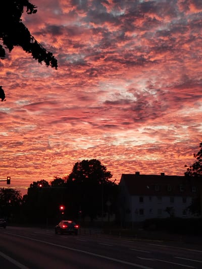 A dramatic sunset paints the sky with vibrant hues of orange and pink, casting a warm glow over the cityscape of Kitzingen, Germany. The clouds are a textured tapestry of color, appearing fluffy and dense. In the foreground, silhouetted trees line the side of a road, their dark forms contrasting sharply with the illuminated sky. A traffic light displays a red signal, its light reflecting on the wet asphalt of the road. A dark-colored car is stopped at the intersection, its brake lights illuminated. Across the road, a multi-story building with a red-tiled roof stands partially obscured by darkness, its windows visible but indistinct. The overall impression is one of a serene yet striking end to the day, with the urban environment harmonizing with the natural spectacle of the sunset.