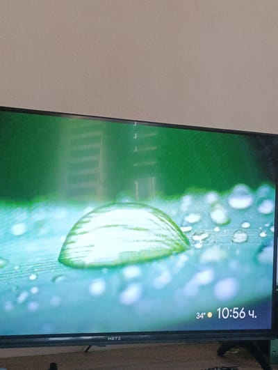 The image shows a television screen displaying a close-up of water droplets on a green leaf. The bottom right corner of the screen displays the temperature as 34 degrees Celsius and the time as 10:56 AM. The brand name "METZ" is visible on the bottom bezel of the television. The background of the image is a textured ceiling. There is no discernible information about the location in Přeštice, Czechia.