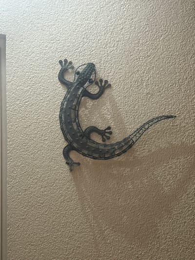 A decorative metal lizard art piece is displayed on a textured wall. The lizard, painted in dark gray or black, features a curved body with detailed legs and a patterned tail pointing upwards. The wall is light beige with a rough, stucco-like texture. The bottom edge of a frame or trim is visible at the bottom of the image. The lighting casts a subtle shadow below the lizard.