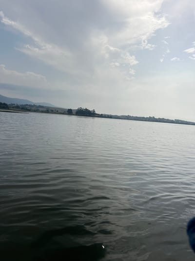 The image captures a wide aquatic landscape, identified as Marina de Cudeyo, Spain, under a predominantly cloudy sky. The lower half of the frame is dominated by an expansive body of dark grey water with visible surface ripples. A small, bright reflection is present on the water's surface in the lower left quadrant, and a faint blue object, likely part of a vessel or camera apparatus, is partially visible in the extreme lower right corner. The distant left horizon features a series of hazy, low-lying mountains or hills, with a narrow strip of vegetated land closer to the water. The right horizon reveals a flatter landmass with a cluster of darker green trees in the mid-ground and scattered urban development, likely a town, extending along the shoreline. A small, faint magenta-pink dot is discernible in the sky above the cluster of trees on the right landmass. The upper half of the image is filled with a bright, overcast sky, characterized by diffused white and light grey clouds with scattered patches of clearer, pale blue sky. No individuals are visible, and no discernible actions or interactions are depicted.