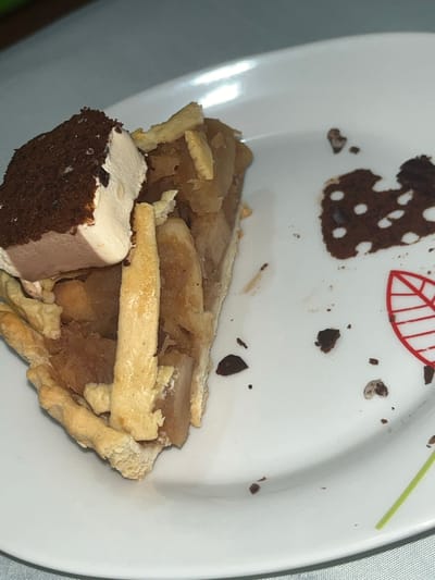 A close-up, overhead shot of a slice of pie on a white plate with a subtle pattern. The pie appears to be apple or pear, with a flaky crust and a filling of cooked fruit. A small piece of chocolate cake with a layer of cream is placed on top of the pie. The plate has a red leaf design and a green line, possibly part of a larger pattern. There are also small crumbs and dark specks scattered on the plate. The lighting suggests an indoor setting, with a bright light source reflecting off the plate. The image is focused on the food, with the background blurred. No people are visible in the image. The overall impression is that of a dessert that has been partially eaten.