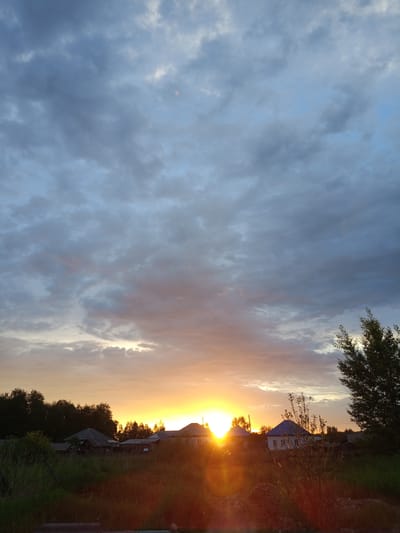 The image depicts a rural sunset scene in Pankrushikha, Russia. The sky is filled with dramatic clouds, with shades of blue, grey, and hints of pink and orange from the setting sun. The sun itself is a bright, glowing orb, partially obscured by the clouds and casting a strong lens flare. In the foreground, there are tall grasses and vegetation, illuminated by the sunset's light. Behind the grasses, a cluster of houses with dark roofs are visible, nestled amongst trees. One house stands out with a bright blue roof. A large tree with dark green foliage is situated on the right side of the image, partially silhouetted against the sky. The overall impression is one of a tranquil, rustic evening in a Russian village.