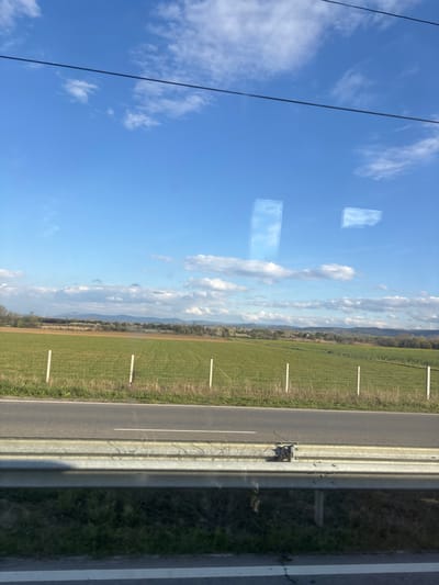 The image shows a view from a window, likely of a moving vehicle. Outside the window, there's a clear blue sky with scattered white clouds. The window also reflects objects inside, including electrical cables and rectangular light sources.
The scene outside comprises a rural landscape adjacent to a road. A green field stretches from the edge of the road to the background, interspersed with white marker posts. Beyond the field are trees and a line of hills. The road itself is asphalt, with a white line dividing the lanes and a metal guardrail separating the road from the field. The environment appears to be sunny and calm. No people or specific actions are visible. The location is unknown.