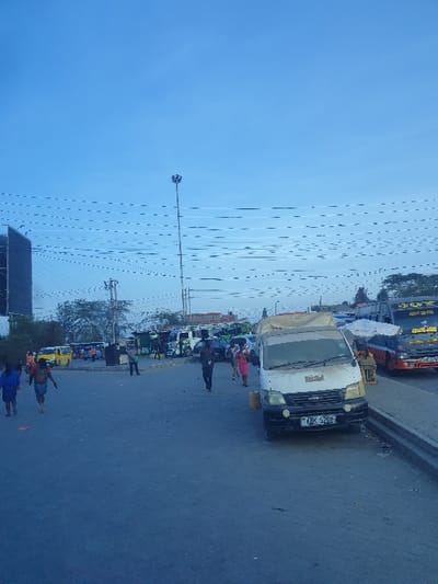 A street scene shows vehicles lined along a curb, including a white truck with license plate KBK 820R and a bus. People are walking on the street and sidewalk. Overhead street lighting is visible against a sky that fades from light to dark blue. The photo's orientation is rotated ninety degrees.