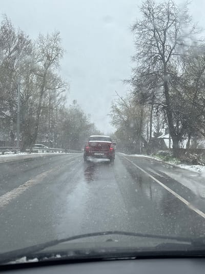 The image depicts a road scene from the perspective of a vehicle driving during a snowfall in Maksimkovo, Russia. The road surface is wet, with patches of slush or melted snow, and snowflakes are actively falling, creating a diffuse, wintry atmosphere.
Ahead, a dark red SUV, likely a Nissan, is visible, driving in the same direction. Its taillights are illuminated, and a slight spray of water or slush is visible behind its tires. The vehicle's rear license plate displays 'E471PP 750', with the '750' indicating Moscow Oblast, consistent with the specified location.
Bare, deciduous trees, some with a light dusting of snow on their branches, line both sides of the road, suggesting winter or very early spring. A silver metal guardrail runs along the right side of the road. The sky is overcast and bright, indicating daytime conditions. The foreground on the right shows a blurred portion of the vehicle's interior, such as a window frame or dashboard, from which the photo was taken. The scene conveys the conditions of driving through a snowy landscape.