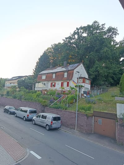 The image shows a residential street in Kleinsteinbach, Germany, with houses and vehicles. In the foreground, a gray asphalt road runs horizontally, with a pedestrian sidewalk made of brick on the left. Three vans and a car are parked along the right side of the road. Behind the vehicles, a low stone wall separates the road from a sloped, terraced garden with lush vegetation and a white picket fence at the top. Several houses are visible on the hillside, with the most prominent being a multi-story white house with a red-tiled roof, solar panels, and a German flag hanging from a balcony. Behind the houses, a dense forest of large trees covers the hillside. The sky is clear and bright, suggesting daytime.