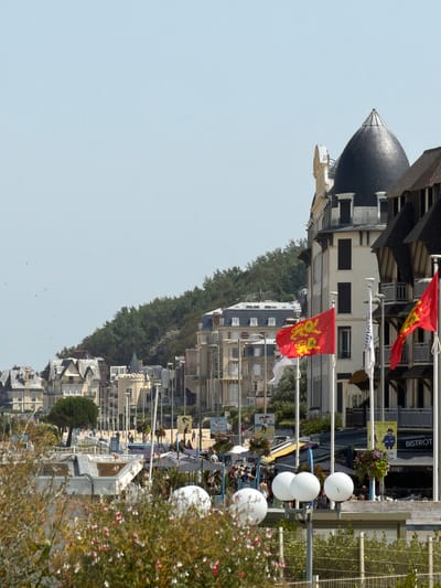 This media file captures a view of Trouville-sur-Mer, France, likely on a bright, sunny day given the clear sky. The perspective is tilted, giving a dramatic angle of the coastal town.

The foreground features lush greenery, including flowering bushes, with large, spherical white lights on poles scattered amongst them. Behind this, a street scene unfolds. Buildings with traditional French architecture, featuring light-colored facades and dark roofs, line the street. Some buildings have visible windows and balconies.

Several flags are prominently displayed on poles. Two red flags with yellow lions are particularly noticeable. One is positioned higher up and appears slightly blurred due to movement, while another, lower down, is more clearly visible. Other white flags are also present.

Further down the street, the scene suggests a bustling area with cafes and shops. A sign reads "BISTROT," indicating a dining establishment. People are visible in the distance, suggesting activity and movement along the street. The overall impression is a charming and lively European coastal town. The presence of boats is hinted at, suggesting proximity to a harbor or waterfront. The architectural style, flags, and signage strongly suggest a location in France.