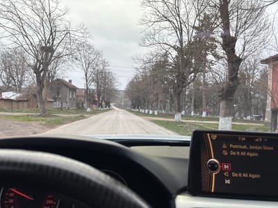 The image captures a rural road scene in Suhache, Bulgaria, viewed from the interior of a stationary vehicle. The foreground shows a portion of a dark steering wheel on the left, with a red needle from the instrument cluster indicating zero or low speed, and a digital infotainment screen on the right. The screen displays the time "7:34" and music information, specifically "Punctual, Jordan Shaw" and "Do It All Again," with the "next track" icon highlighted.
The view through the windshield reveals a straight, unpaved or dusty dirt road receding into the distance under an overcast sky. Both sides of the road are lined with numerous bare deciduous trees, many of which have their lower trunks painted white. On the left side of the road, several modest, older-style houses with tiled roofs and plaster or brick exteriors are visible, set back from the road. One prominent tree on the left features a large nest, possibly a stork's nest. Power lines are visible stretching across the upper portion of the scene. No human figures or active animals are discernable in the exterior environment.