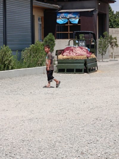 A young boy wearing a grey t-shirt and black shorts with grey flip-flops is walking on a gravel path in front of a building. The boy is facing right. Behind him is a green trailer loaded with hay and covered with a patterned red blanket. To the left of the boy is a building with a large grey corrugated metal door. To the right of the trailer is a small tree. The background shows more buildings and greenery. The location is identified as Obshoron, Tajikistan.