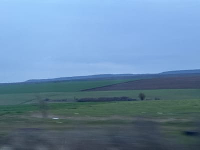 The scene captures a rural landscape near Struino, Bulgaria, under an overcast, light blue-grey sky. A distant range of dark, undulating hills, likely covered in sparse vegetation or dormant trees, forms the horizon line. The mid-ground is dominated by agricultural fields, presenting a mosaic of green cultivated areas and a distinct, dark brown, triangular patch of tilled earth on the right. A linear formation of dense, dormant bushes or small trees is situated in the mid-ground, slightly left of center, with a single, bare deciduous tree positioned to its right. The immediate foreground consists of blurred, dark green-brown ground, exhibiting several irregular white patches consistent with residual snow or frost. No individuals, animals, or explicit actions are present within the frame. The overall image displays motion blur, particularly in the foreground, indicating it was captured from a moving perspective.