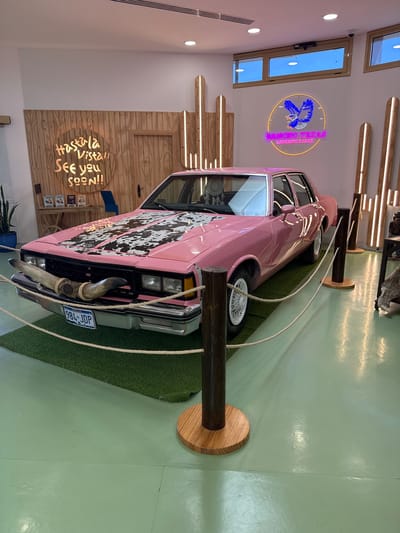 This image captures an indoor scene, likely within a themed establishment such as a restaurant, park, or entertainment venue, located in Tías, Spain. The central focus is a vintage-style car, painted a vibrant pink with a distinctive black and white cow-print pattern covering its hood. A large, curved bull horn is prominently mounted on the front bumper. The car is displayed on a patch of green artificial turf and is cordoned off by a rope barrier supported by dark wooden posts with lighter wooden bases. The vehicle's license plate, "984 JDP," is visible.

The floor beyond the turf is a light, glossy mint green. The surrounding walls are a mix of plain white and slatted wooden panels, some of which feature integrated strip lighting. Natural light illuminates the space, streaming in through several rectangular windows positioned high on a white wall, suggesting it is daytime.

Two circular neon signs add to the themed decor. One, with purple and yellow neon, depicts a stylized blue eagle and clearly states "RANCHO TEXAS LANZAROTE PARK." The other, featuring orange neon script on a wooden background, reads "HASTA LA VISTA! SEE YOU SOON!" These signs, along with the car's aesthetic (pink, cow print, bull horn), contribute to a strong Western or Texas-themed atmosphere. No people are visible in the image, emphasizing the car and its surroundings as a static display.