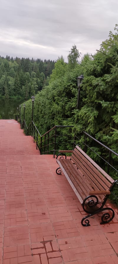 An outdoor paved walkway, made of red brick pavers, descends to a body of water, likely a lake. The walkway is flanked by a dark metal railing and mature evergreen trees. Several lampposts with dark fixtures are visible along the railing. A wooden bench with a dark metal frame sits on the walkway. The sky is overcast and gray. In the background, a dense forest of evergreen trees lines the opposite bank of the water. The scene appears to be a park or recreational area.