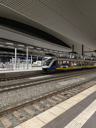 A train labeled "RheinRuhrBahn" is at a station in Duisburg, Germany. The train is blue and yellow. The station has a metal roof and many lights. There are train tracks in the foreground and a platform with people waiting for the train.