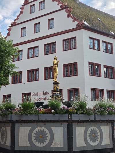 The image captures a vertical view of a historic building facade with a prominent, ornate fountain in the foreground. The building is white with deep red trim around numerous evenly spaced rectangular windows. The roof is tiled and appears to be covered in moss. Decorative red molding adorns the eaves of the building.
The fountain features a golden statue of a figure in armor, seemingly poised for action, atop a dark, decorative column. Below the statue, the building has the German text "Hof-u.-Rats-Apotheke" written in elegant, dark red lettering. Lush greenery and a profusion of colorful flowers in planters surround the fountain and cascade down its sides, suggesting a well-maintained public space.
The scene is set outdoors, likely during daylight hours. The sky is partly cloudy with patches of blue, indicating fair weather. The architectural style and the signage suggest the location is in Germany, specifically Ansbach, as indicated by the provided context. The overall impression is one of historical charm and vibrant urban life, with the fountain acting as a central focal point amidst the classic architecture. The image is rotated 90 degrees counterclockwise.