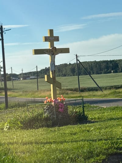 This media file features a prominent golden crucifix with a depiction of Jesus Christ, placed outdoors in what appears to be a rural setting. The crucifix is set against a backdrop of a bright blue sky with wispy white clouds. To the left of the crucifix, there are utility poles with wires stretching across the frame, suggesting the presence of infrastructure.
The crucifix is positioned in a grassy area, with a paved path visible to the right. Beyond the path, there's a neatly mowed green field, and further in the distance, a line of trees forms a dark green border. In the foreground, to the right of the crucifix, a small cluster of pink and orange flowers is arranged, adding a touch of color to the scene. The lighting suggests it is daytime, likely with clear or partly cloudy weather.
The image's orientation is rotated, with the sky appearing on the left and the ground on the right. There are no discernible people or specific activities taking place, with the focus being on the religious monument and its surroundings. The overall mood is serene and perhaps reflective, typical of such roadside or wayside religious markers. There is no visible text in the image. The location context provided is Азгінавіцкі сельскі Савет, Belarus.