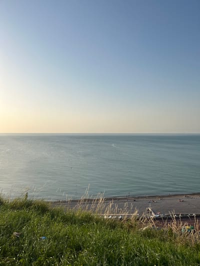 The image depicts a serene, natural scene with a body of water meeting a grassy embankment. The water, appearing calm and blue-grey, stretches to the horizon. Along the edge of the water, a dark-colored beach or shoreline is visible, dotted with several small figures that appear to be people. Some are gathered, while others seem to be walking or engaging in activities on the shore.
The foreground is dominated by lush green grass, suggesting an outdoor setting like a park, cliffside, or a path overlooking the water. Tall, dry grasses are interspersed with the green, adding texture and a sense of wildness. A few stray objects, possibly litter such as a blue plastic bottle and a crumpled piece of fabric, are visible within the grass on the right side of the image.
The sky transitions from a clear, pale blue at the top to a lighter, warmer tone closer to the horizon, indicating either sunrise or sunset. The overall mood is peaceful and tranquil, with the natural elements taking center stage. The presence of people suggests a public space, possibly a recreational area. The image is oriented vertically, with the horizon running horizontally across the center, dividing the sky from the water. There is no visible text in the image. The location context is Dieppe, France.