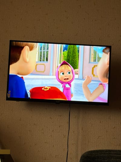 A television screen displays a scene from the animated children's show "Masha and the Bear". Two characters are visible: a boy in a blue jacket and a girl in a pink hooded outfit. They appear to be in a garden setting with trees and a building in the background. A red cushion with a gold ring on it is in the foreground. The television is mounted on a textured brown wall. A black cable hangs down from the bottom of the television. The scene is likely set in a residential interior, possibly a living room, in Solnechnogorsk, Russia, given the context.