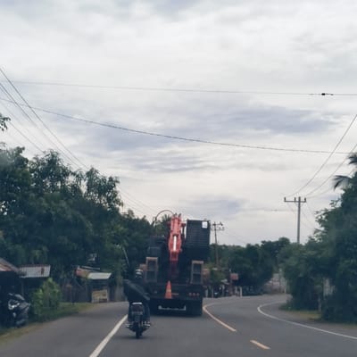 The image captures a daytime scene on a paved road in Paya Tringgadeng, Indonesia, under an overcast sky. A large truck, carrying an orange and black excavator or similar heavy construction equipment, is moving forward in the center of the frame. An orange traffic cone is placed on the rear of the truck bed. Directly behind the truck, a motorcyclist wearing a dark jacket and helmet rides a silver-colored motorcycle. The road features a solid white line on the left and a dashed yellow line separating lanes.

Both sides of the road are lined with dense green trees and foliage, suggesting a rural or semi-urban setting. Through the trees on the left, several simple structures with corrugated roofs are visible, along with what appears to be a parked motorcycle. On the right side, the road curves slightly, and more trees and power poles with multiple utility lines are seen. Numerous power lines stretch across the sky, with one appearing to have a small black device attached. The overall lighting suggests an overcast day, with no direct sunlight. No distinct text is discernible in the image.