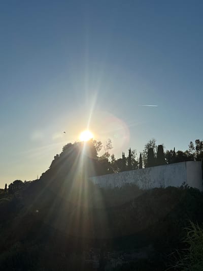 A daytime shot in Vila Real de Santo António, Portugal, shows a bright sun behind a line of trees and a white wall or building. A vapor trail is visible in the blue sky to the upper left. The sun's rays streak across the image, obscuring details of the terrain. A bird is visible in the sky.