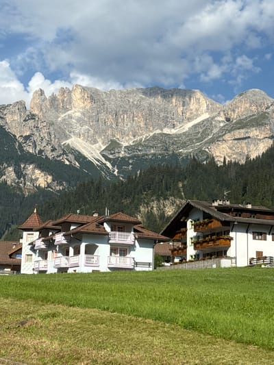 In the city of Mazzin, Italy, a scenic view captures a row of buildings nestled against a dramatic mountain backdrop. The buildings, likely residential or hospitality establishments, feature traditional alpine architecture with tiled roofs and balconies adorned with flower boxes. The foreground is a lush green meadow, sloping gently upwards. Behind the buildings, a dense evergreen forest climbs the lower slopes of the imposing mountains. The mountains themselves are characterized by rugged, rocky peaks, some with patches of snow or scree, under a sky with scattered white clouds against a blue expanse. The lighting suggests it is daytime with bright sunlight illuminating the scene.