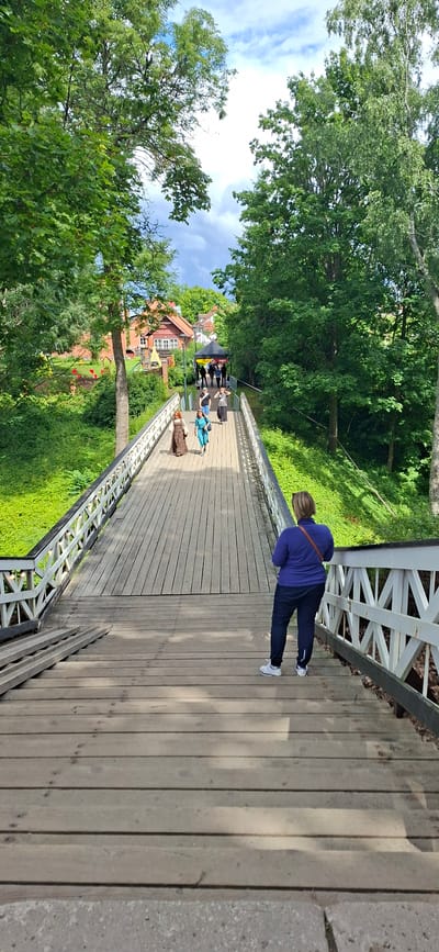 In Viljandi, Estonia, this image captures a perspective from the wooden stairs and bridge leading up to the Viljandi Castle ruins. A woman wearing a blue sweatshirt and dark pants stands facing away from the camera, looking towards the bridge. The bridge is constructed of wooden planks and features white railings with a geometric pattern. Several people are walking on the bridge, some dressed in historical attire, suggesting a reenactment or cultural event. To the left of the bridge, a lush green slope is covered in vegetation, with houses and trees visible in the background. A black tent is set up on the bridge, and beyond it, more people are gathered. The sky is partly cloudy. The scene is set amidst a vibrant green, natural environment, characteristic of the area surrounding the castle ruins.