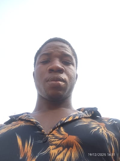 A single adult male is depicted in a close-up, low-angle photograph, indicating a selfie perspective. The individual, appearing to be of African descent, has a dark complexion, short dark hair, and is looking directly at the camera with a neutral facial expression. He is wearing a dark, short-sleeved collared shirt adorned with an orange and gold tropical foliage pattern; the top button of the shirt is unfastened. The background is uniformly white and overexposed, offering no environmental details beyond the subject. A digital timestamp reading "19/12/2025 16:11" is visible in the bottom right corner of the image. The scene is located in the city of Isinyi-Nando, Nigeria.