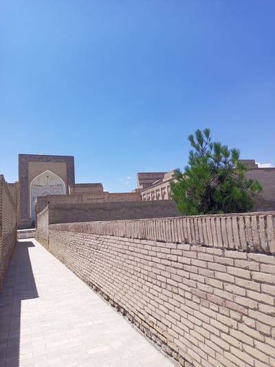 A narrow, sun-drenched pathway paved with light-colored bricks curves to the right, bordered by a tall, weathered brick wall. In the distance, an ornate, arched gateway with intricate blue tilework stands against a clear blue sky. Behind this gateway, more brick structures with arched facades are visible, and a small, verdant pine tree grows amidst the historical architecture. The scene depicts a tranquil architectural site on a bright, cloudless day.