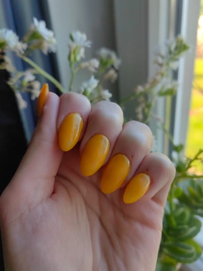 A close-up photograph depicts a human hand with manicured nails painted a glossy, opaque yellow. The nails are almond-shaped. The hand is positioned against a background featuring blurred white flowers and greenery. The setting appears to be indoors, possibly near a window, as suggested by the natural light. The location of Dolna Kremena, Bulgaria is not evident from the image.
