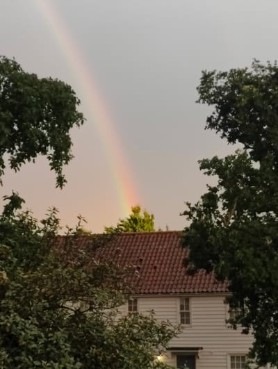 The image captures a residential scene in Mid Suffolk, United Kingdom, under a pale, overcast sky. A faint rainbow arcs across the upper portion of the frame, its colors subtly blending. In the foreground, lush green foliage from several trees frames the composition, with branches reaching in from the left and right sides, and a dense cluster of leaves obscuring the lower left.
Dominating the lower and central part of the image is a two-story house constructed with white horizontal siding. The roof is covered with reddish-brown tiles arranged in a regular pattern. Two windows are visible on the upper floor, each with a grid-like pane structure. A darker horizontal band, possibly a gutter or trim, runs above the entrance on the ground floor, which is partially obscured. Another window is visible on the ground floor to the right. The house appears to be situated in a suburban or semi-rural area, given the presence of mature trees surrounding it. The overall impression is one of a quiet, domestic setting after or during a period of rain, with the rainbow adding a touch of natural beauty to the scene. No people are visible in the image.