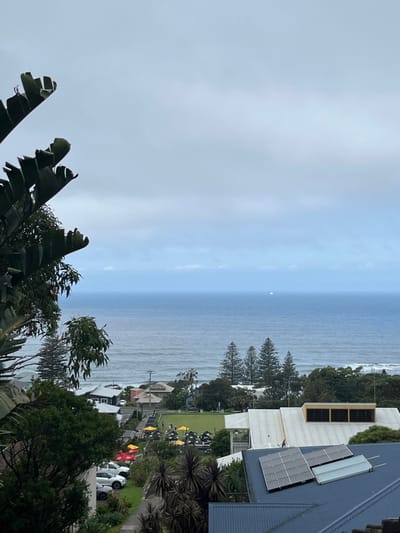 An elevated, overcast view captures a coastal scene in Wombarra, Australia. The foreground is dominated by large, dark green, broad-leafed foliage on the left, with additional trees and shrubs interspersed across the landscape. In the midground, a residential roof with grey tiles features two solar panels (one photovoltaic, one thermal). Below this, a white-roofed building with yellow trim is partially visible. Further down the slope, a bright green lawn bowling green is active with approximately 10-15 individuals, some on the green and others around surrounding tables with black and yellow umbrellas, suggesting a social gathering or club activity. A paved path winds past a small parking area containing at least two white vehicles. Numerous residential houses with varied roof colors are visible, nestled among dense green vegetation including several distinctive Norfolk Island pine trees. The background features the expansive, deep blue-grey Tasman Sea under an overcast sky, with visible waves breaking near the shore. A small, distant white vessel or object is discernible on the horizon of the sea.
