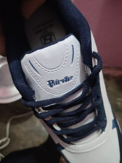 A close-up, slightly overhead photograph depicts the upper portion of a single athletic shoe, held or presented, against a blurred background. The shoe is primarily white with navy blue accents. Navy blue fabric laces are visible, tied in a standard criss-cross pattern over a white tongue. The brand name "Birde" is embroidered in blue script on the tongue. The shoe's collar and inner lining appear to be navy blue fabric. Inside the shoe, on the footbed or lining, a partially visible ISI (Indian Standards Institute) certification mark is present. The background consists of a blurred, reddish-pink vertical surface on the right and a darker, indistinct horizontal surface on the left. A small portion of a hand or fingers is faintly visible in the upper left corner of the frame, indicating manipulation of the shoe. No specific identifiable landmarks or unique architectural features are present in the image to pinpoint an exact location within Noida, India. However, the presence of the ISI mark and the "Birde" brand, an Indian footwear manufacturer, confirms the shoe's relevance to the Indian market, consistent with potential observation or sale in a city like Noida, India.