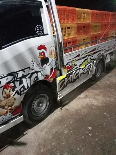 A white pickup truck is stationary at night on a dark, unpaved surface in the city of Tu, Indonesia. The truck's body is adorned with custom graphics featuring cartoon chickens; a large rooster giving a thumbs-up is prominent on the side, alongside a smaller hen and stylized text reading "CHICKEN." A white smiley face decal is affixed to the driver's side window. The vehicle's open bed is filled with stacks of plastic crates, predominantly orange and yellow, secured by a visible rope. No individuals are present within the frame.