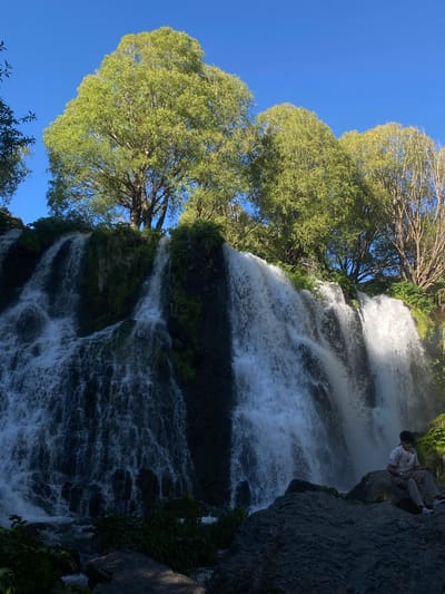 The image depicts a waterfall cascading down a cliff face in Sisian, Armenia. Lush green trees are positioned to the left of the waterfall, set against a bright blue sky. A person is seated on a rock outcropping to the right of the waterfall, partially obscured. The waterfall itself appears multi-tiered, with water rushing over dark, mossy rocks.