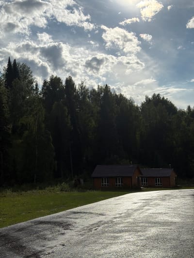 The image depicts a view from a wet, asphalt road towards two small, wooden houses with dark tiled roofs, nestled at the edge of a dense, dark green forest. The sky is filled with dramatic, sunlit clouds, suggesting a partially cloudy day. The foreground shows the glistening surface of the road, reflecting the light. The middle ground features a strip of green grass separating the road from the forest. The houses, identical in design with multiple windows, are positioned side-by-side. A small, weathered wooden shed is visible to the left of the houses, partially obscured by vegetation. The overall scene conveys a sense of rustic tranquility in a natural setting. The location is identified as a rural area within the Tarkhanka Rural District, Kazakhstan.