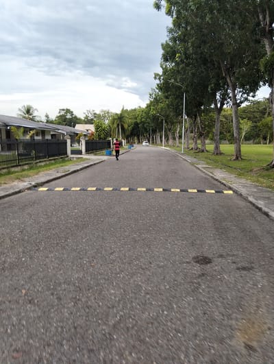 The image depicts a street scene in Palohgadeng, Indonesia. The foreground is dominated by an asphalt road with a visible speed bump marked with alternating yellow and black stripes. In the middle ground, a person wearing a red and black striped shirt is walking away from the camera, on the right side of the road. To the left of the road, there is a black fence bordering a residential area with houses visible behind it, featuring dark roofs and some palm trees. Further down the road, on the right, a line of tall trees with dense foliage lines the street, with a green grassy field beyond. A white car is visible further up the road on the left. The sky is overcast with grey clouds. The overall environment suggests a suburban or residential area with established landscaping and infrastructure.