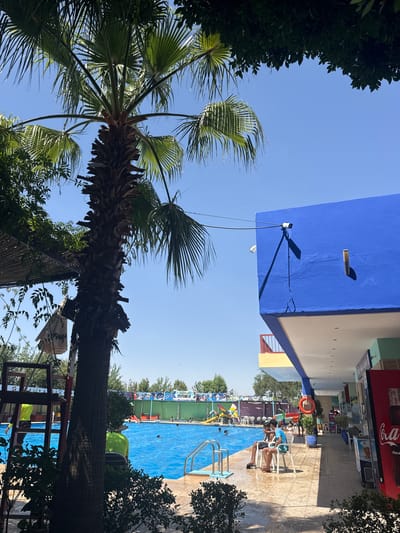 This image depicts a vibrant outdoor leisure scene, likely at a resort or water park in Loudaya, Morocco, on a sunny day with a clear blue sky.
The central subject is a bright blue swimming pool, where several people are seen enjoying the water or relaxing poolside. In the immediate foreground, two young boys in swim trunks are seated on white chairs by the pool's edge; one wears a blue shirt. An orange life preserver hangs near the pool.
A large palm tree with prominent green fronds fills the left side of the frame, alongside other dense green foliage. Overhead, a stark blue building facade is visible, equipped with a security camera or light fixture. Adjacent to this building, a red Coca-Cola vending machine is clearly distinguishable, displaying the text "Coca-Cola" and "Real." Other individuals are present in the background, some swimming, others walking along the paved pool deck. Shadows cast by the trees and buildings indicate bright daylight, likely mid-morning to afternoon. A partially visible white banner or bag with text resembling "PROAR" can be seen near a palm tree trunk towards the bottom right. The overall setting is lively and recreational, characteristic of a warm climate vacation spot.