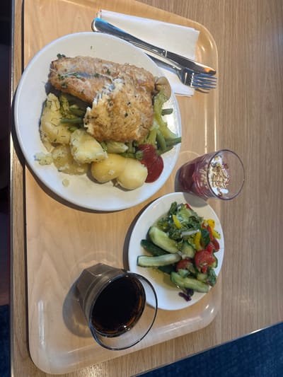 The image shows a wooden tray on a table, laid out with a meal and a drink. On the tray, there is a white plate with a portion of pan-fried fish, served with boiled potatoes, broccoli, and green beans. Next to this plate is a small glass containing a layered dessert, possibly yogurt with granola and a fruit compote. There is also a side plate with a salad composed of cucumbers, tomatoes, lettuce, and peppers. A glass of dark liquid, likely soda, is placed on the tray to the left of the salad. A fork and knife are positioned on top of a white napkin at the top of the tray. The meal appears to be set in a cafeteria or restaurant setting, given the presentation and the type of food. The lighting suggests an indoor environment. The question about the location in Ösmo, Sweden, cannot be answered from the visual information provided in the image.