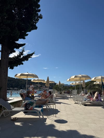 In the city of Grad Korčula, Croatia, on a sunny day, a group of people are relaxing by a swimming pool. A large tree with dark green foliage is on the left side of the image, casting shadows on the paved ground. Multiple light-colored umbrellas provide shade over lounge chairs where individuals are seated or lying down. Some people are in swimsuits, while others are dressed casually. In the background, a body of water, likely the sea, is visible with boats and a coastline covered in lush green trees and buildings. The sky is clear blue with a few scattered white clouds.