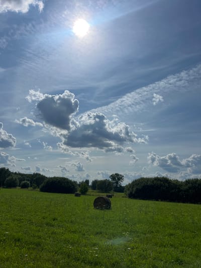 The image depicts a sunny, partly cloudy day in a rural landscape, likely in the vicinity of Fasty, Poland. A bright sun shines in the upper left portion of the sky, casting a lens flare and illuminating the scene. The sky is a mixture of blue and white, with various cloud formations, including wispy cirrus clouds and larger, puffy cumulus clouds.

In the foreground, a green field with tall grass and scattered wildflowers stretches towards the horizon. Two round hay bales are visible in the field; one is positioned in the middle ground to the left, and another is further back and to the right.

A line of dense, dark green trees and bushes forms the horizon line, separating the field from the sky. The trees appear lush and are characteristic of a temperate climate. There are no people or animals visible in the image. The overall impression is one of a serene and natural agricultural setting.