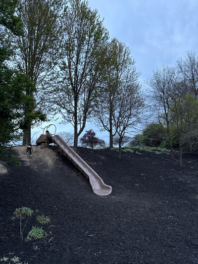 The image depicts an outdoor playground in Grove City, Ohio, United States of America. A tan slide is situated on a hill covered in dark mulch. Trees with budding leaves surround the play area. Two people are near the top of the slide. The sky is overcast.
