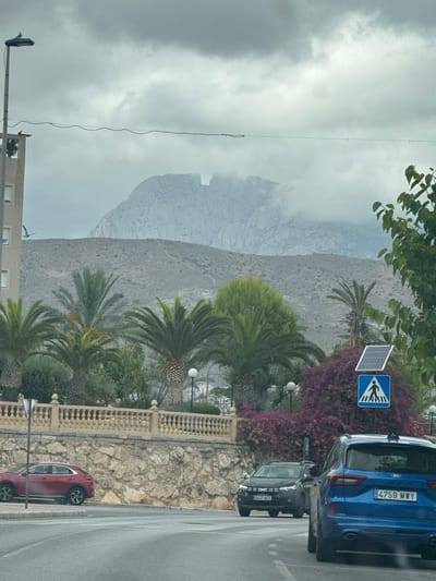 This is a landscape image taken from a vehicle's perspective in La Vila Joiosa, Spain. The scene features a mountainous backdrop partially obscured by clouds, indicating overcast weather, possibly morning or late afternoon. In the foreground, a street runs alongside a low stone wall topped with a decorative balustrade.
Several cars are parked or driving on the street, including a blue Ford with the license plate "4759 MWY" and a dark-colored car with the license plate "0427 WZS". A red car is also visible further down the street. Lush green palm trees and vibrant purple flowering bushes line the roadside, adding a touch of tropical scenery.
A pedestrian crossing sign, featuring a silhouette of a person walking, is prominently displayed on a pole, accompanied by a small solar panel. Streetlights are also visible. The image conveys a sense of a typical day in a Mediterranean coastal town, with a focus on the interplay between urban elements, natural vegetation, and the imposing mountainous landscape. The overall mood is calm and observational.