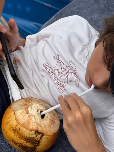 A child is drinking from a coconut with a white straw while looking at a black smartphone. The child wears a white t-shirt with a horse and rider design in reddish-brown. The coconut is tan and brown, with a hole drilled for the straw. The child sits on what appears to be a blue surface and wears dark shorts. The child's hand holds the phone, displaying a screen.