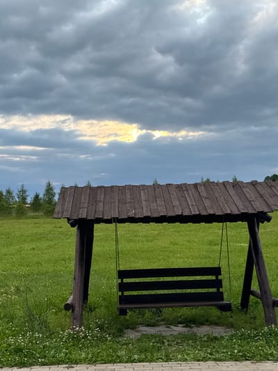 The image depicts a wooden swing set with a dark-colored bench, positioned in a grassy field. The swing set has a wooden roof constructed from planks. The background features a line of trees against a sky filled with dark, overcast clouds. Patches of sunlight are visible breaking through the clouds. The area around the base of the swing set is covered in green grass with small white wildflowers. In the foreground, a paved walkway made of light-colored rectangular stones is visible. The overall scene suggests an outdoor recreational area. No people are present in the image. The location is not specified as being in Petrovo, Russia.