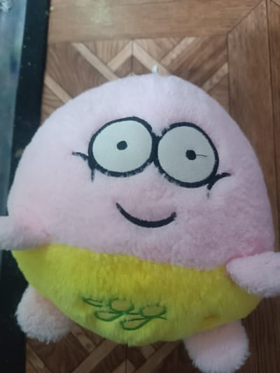The image shows a pink and yellow stuffed toy with a large, round head. The toy has big, cartoonish eyes with black outlines and pupils, and a smiling mouth. It has small, stubby arms and legs. The toy is placed on a wooden floor. The scene is not in Бидайкөл, Kazakhstan, nor does it depict any recognizable urban environment.