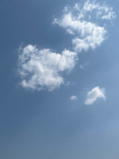 A bright blue sky with scattered white cumulus clouds fills the frame. In the foreground, there is a faint gradient of lighter blue towards the bottom. The clouds are dispersed throughout the sky, with larger formations in the upper and mid-left sections, and smaller, more isolated clouds in the mid-right and upper-right. The scene is an outdoor view looking upwards.