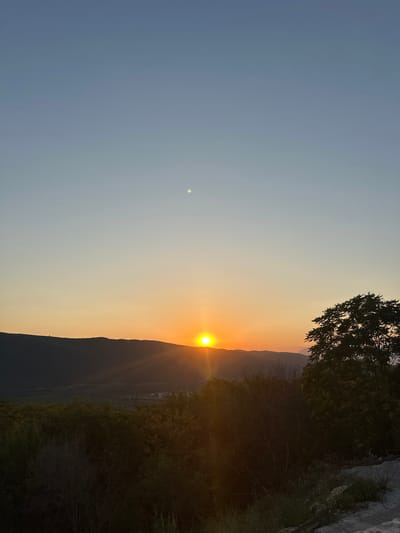 A serene sunset is captured over the mountainous landscape of Svinjišta, Montenegro. The sun, a bright orange orb, is low on the horizon, casting golden light across the sky and illuminating the undulating peaks. The sky transitions from a pale blue at the top to a warm gradient of yellow and orange near the horizon, suggesting the final moments of daylight. A small, pale disc, likely the moon, is visible high in the sky. In the foreground, dark silhouettes of trees and foliage create a natural frame for the scene. The lower part of the image is dominated by dense, shadowy vegetation, with hints of rocks and dry grass on the right. In the distance, beyond the foreground foliage and across the dark, tree-covered slopes, faint lights suggest a settlement nestled within the valley. The overall atmosphere is one of tranquility and natural beauty as day gives way to dusk.